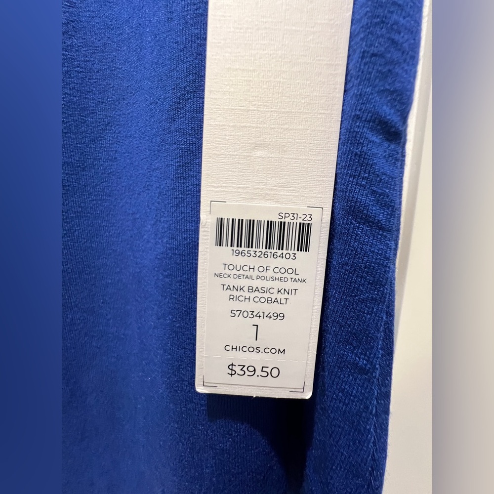 New Chico's Touch of Cool Neck Detail Polished Tank Rich Cobalt Blue Medium NWT - Picture 4 of 7